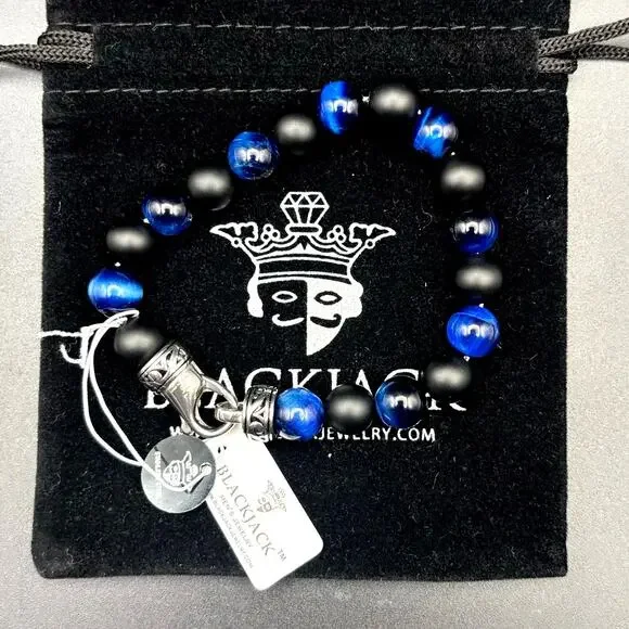Blackjack BJB244BTN Men’s Blue Tiger Eye Onyx Beaded Bracelet 10mm NIBWT